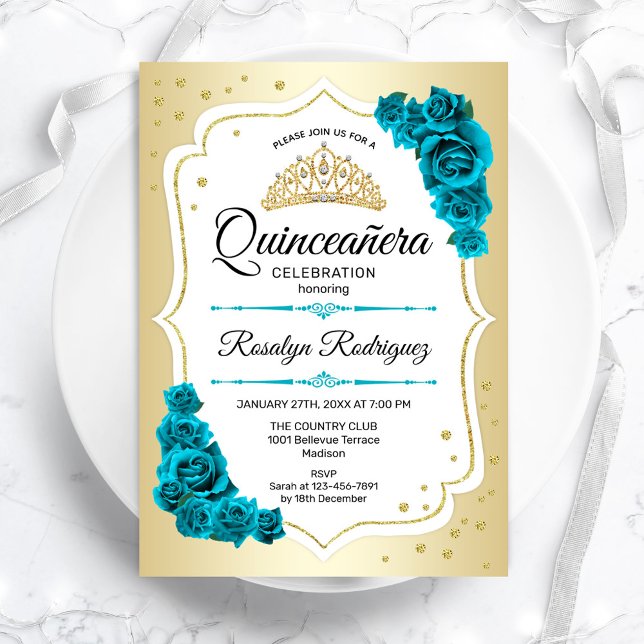 Teal Guld White Elegant Quinceanera Inbjudningar (Skapare uppladdad)