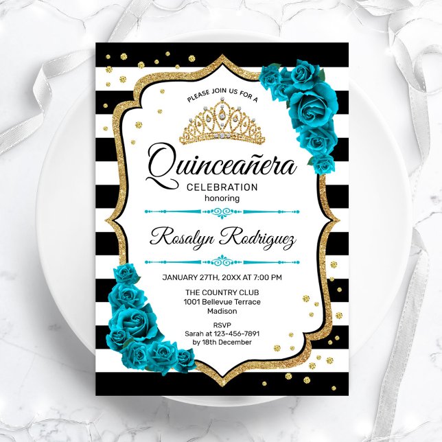 Teal Guld White Quinceanera Inbjudningar (Skapare uppladdad)