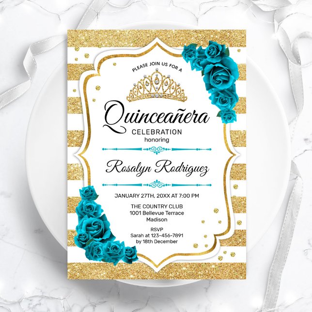 Teal Guld White Rand Quinceanera Inbjudningar (Skapare uppladdad)