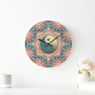Teal Guld Yin Yang Feng Shui Fire Stor Klocka