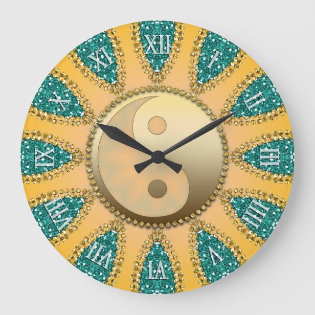Teal Guld YinYang FengShui Home Decor Clock Stor Klocka (Framsida)