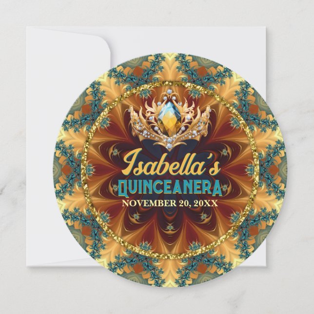 Teal Gult Fractal Snöre & Tiara Quinceañera Inbjudningar (Framsida)