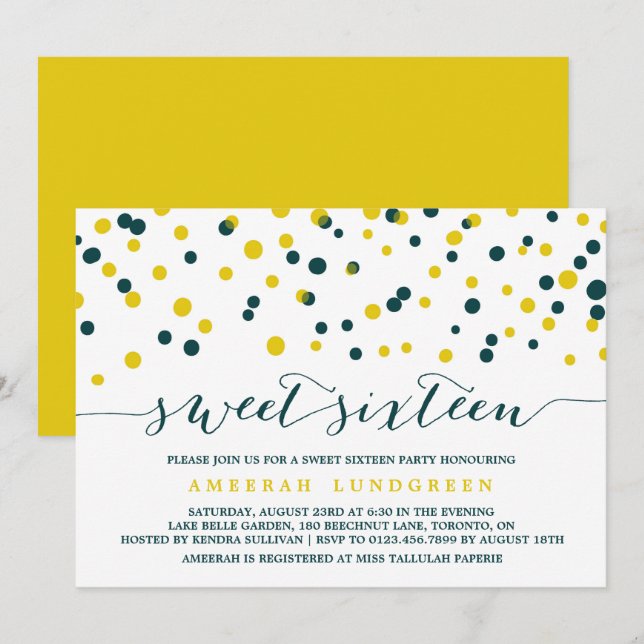 Teal & Gult-konfetti prickar modern Sweet sixteen Inbjudningar (Fram/baksida)