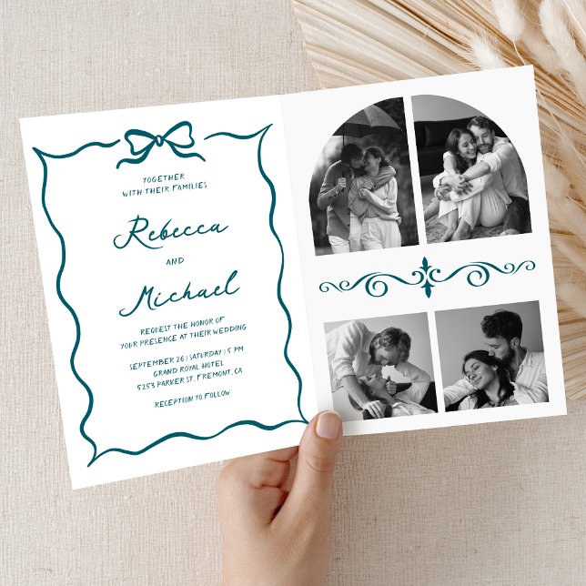 Teal Hand Drawn Bow QR Code Photo Wedding Inbjudan (Skapare uppladdad)