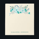 Teal Hand plockade Flowers, Personlig Anteckningsblock<br><div class="desc">Det här anteckningsblocket med färgstark blommigt har en blommigt i hand plockade överst. Utformningen erbjuder färg: teal, mörk blått, grått och grönt. Bakgrunden färg är grädde, även om den kan ändras till valfritt färg genom att välja att anpassa den. Med anpassadet nära grund kan du lägga till ett personligt namn....</div>