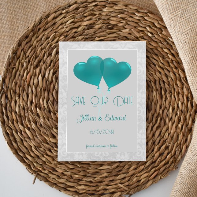Teal Heart Balloons Spara datum meddelande (Teal Heart Balloons Save the Date )