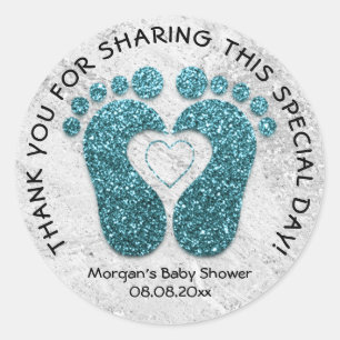 Teal Heart Feet Baby Shower Favor Tack MarbleGray Runt Klistermärke