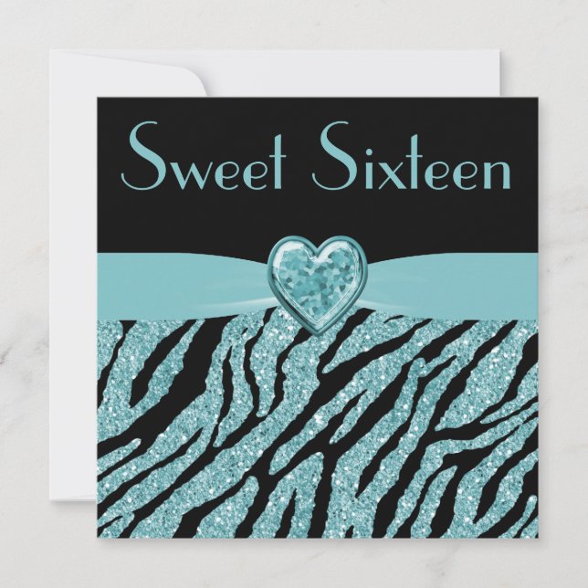 Teal Heart och Zebra Glitter Sweet 16 Inbjudningar (Framsida)
