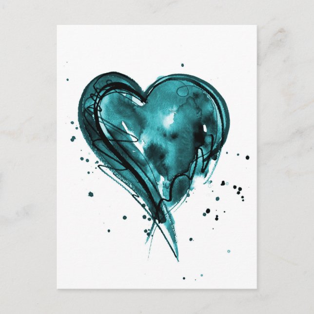 Teal Heart Watercolor Vykort (Framsida)