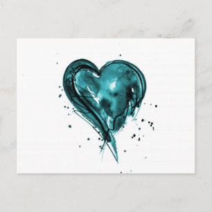 Teal Heart Watercolor Vykort
