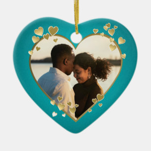 Teal Hearts och Ribbon Photo Julgransprydnad Keramik