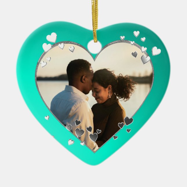 Teal Hearts och Ribbon Photo Julgransprydnad Keramik (Framsidan)