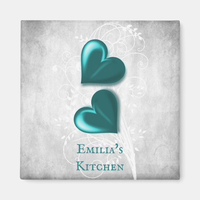 Teal Hearts Personlig Magnet (Framsidan)