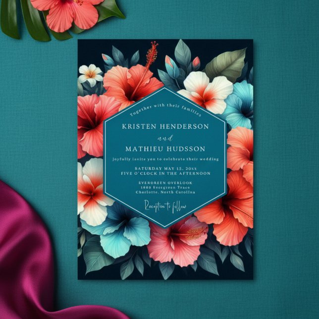 Teal Hibiscus Bloom Romance Wedding Inbjudningar (Skapare uppladdad)
