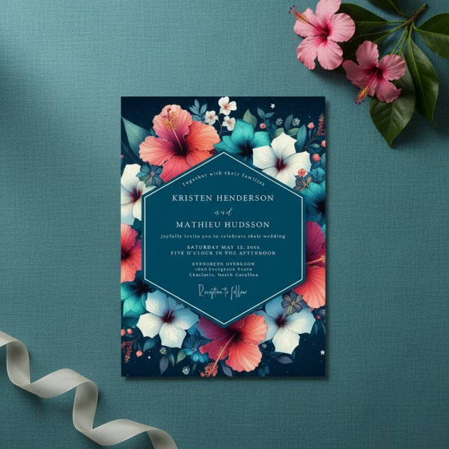 Teal Hibiskus Blommande Bröllop Inbjudningar (Skapare uppladdad)