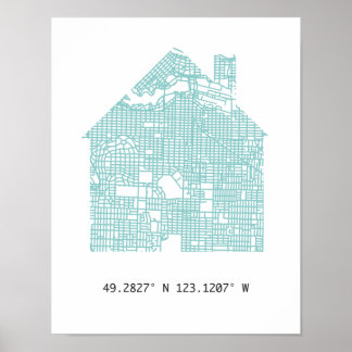 Teal Home Road Network Karta of Vancouver Coordina Poster