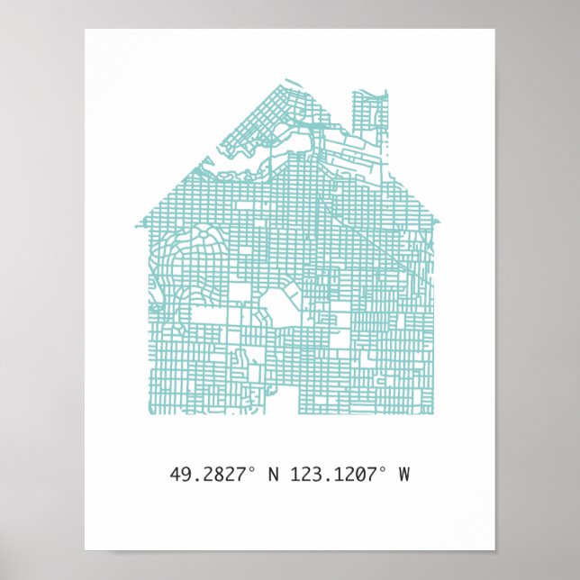 Teal Home Road Network Karta of Vancouver Coordina Poster (Framsidan)