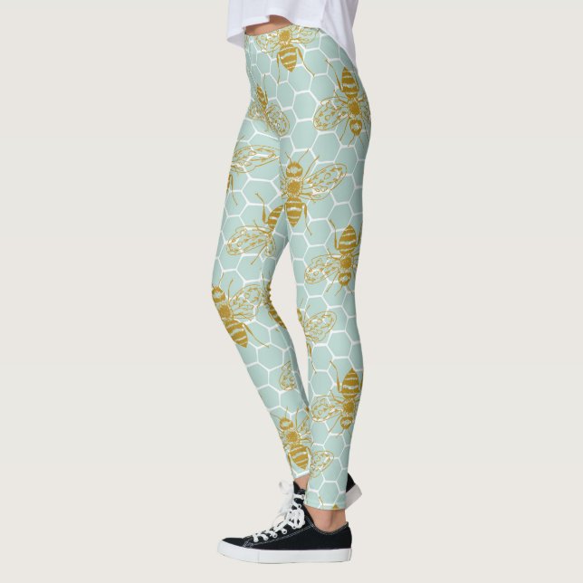 Teal Honeycomb Golden Bees Leggings (Vänster)
