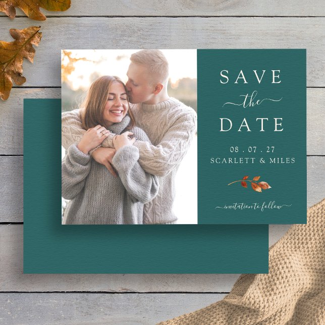 Teal Höst löv Photo Save Date Bröllop Spara Datumet (Elegant Teal Fall Leaf Photo Save The Date Wedding Card by Painted Paperie
)