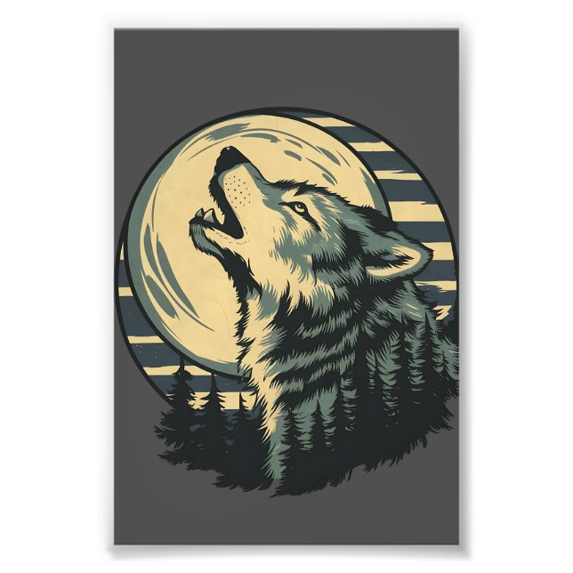 Teal Howling Wolf Moon Art Fototryck (Framsidan)