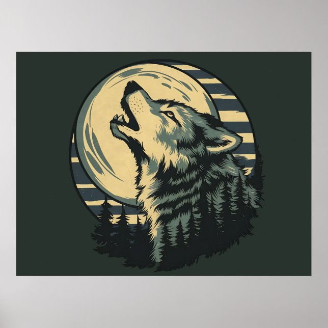Teal Howling Wolf Moon Art Poster (Framsidan)