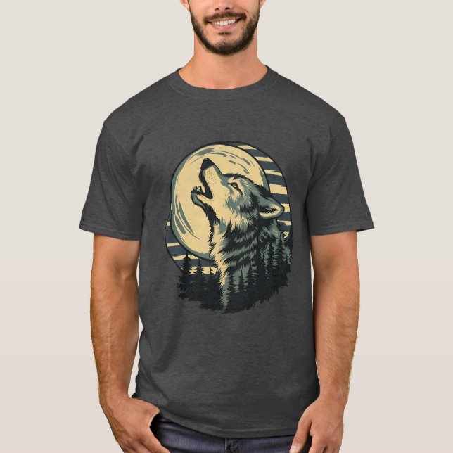Teal Howling Wolf Moon Art T Shirt (Framsida)