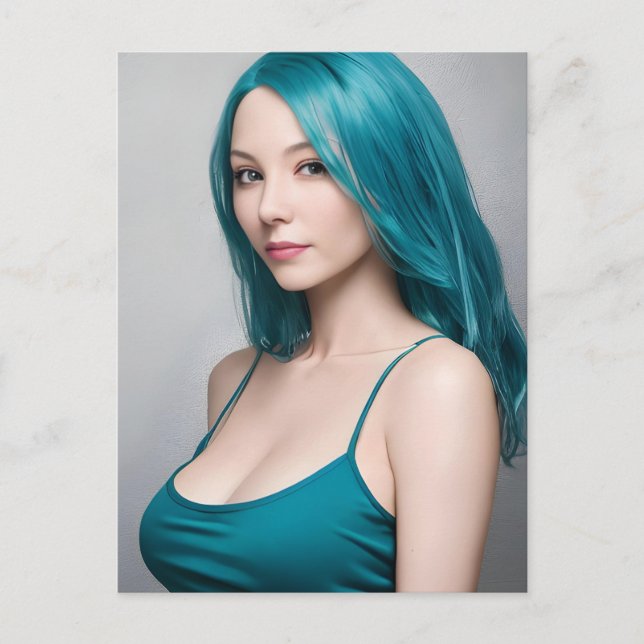 Teal Hved Young Woman Vykort (Framsida)