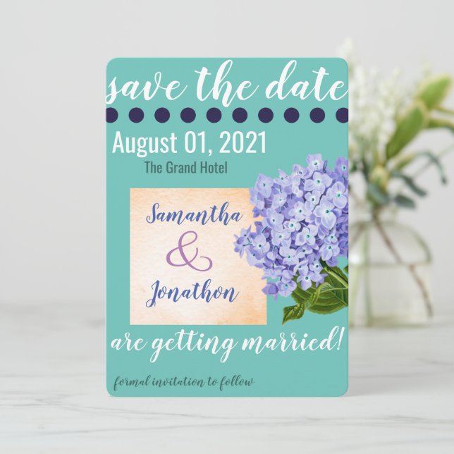 Teal Hydrangea Save Date Bröllop Card Spara Datumet (Stående Fram)