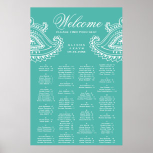 Teal Indian Paisley Alphabetical Seating Chart Poster