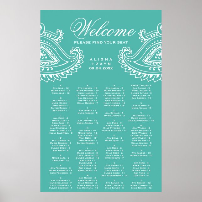 Teal Indian Paisley Alphabetical Seating Chart Poster (Framsidan)