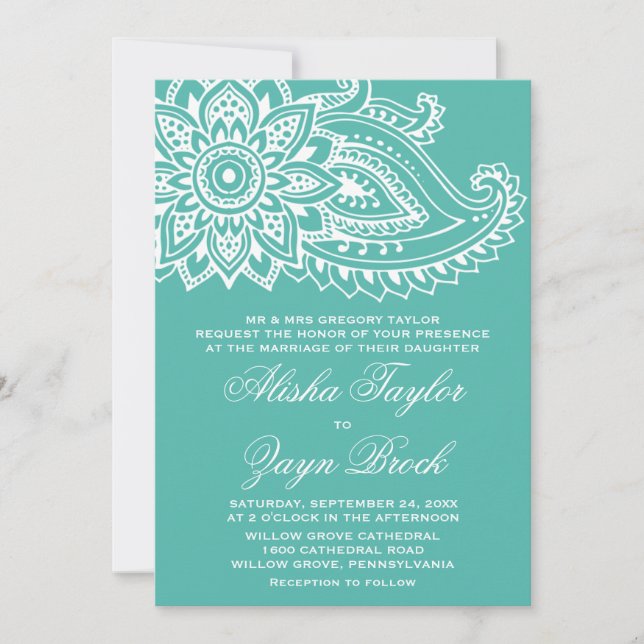 Teal Indian Paisley Formal Bröllop Inbjudningar (Framsida)