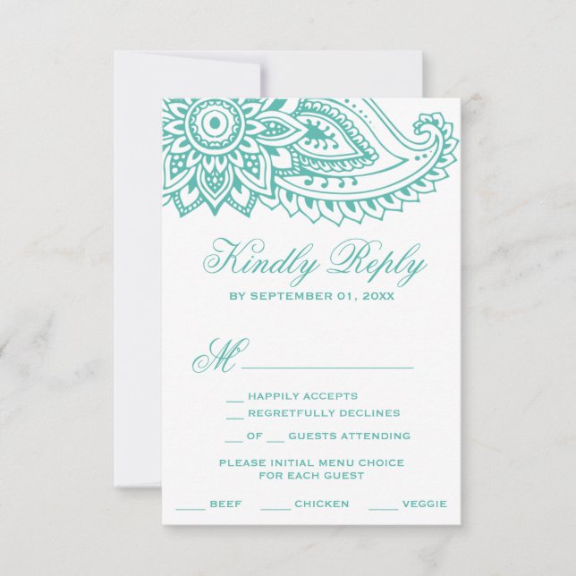 Teal Indian Paisley Menu Choice OSA kort (Framsida)