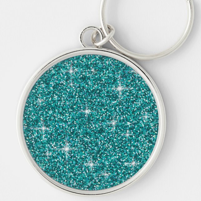 Teal iridescent glitter rund silverfärgad nyckelring (Framsidan)