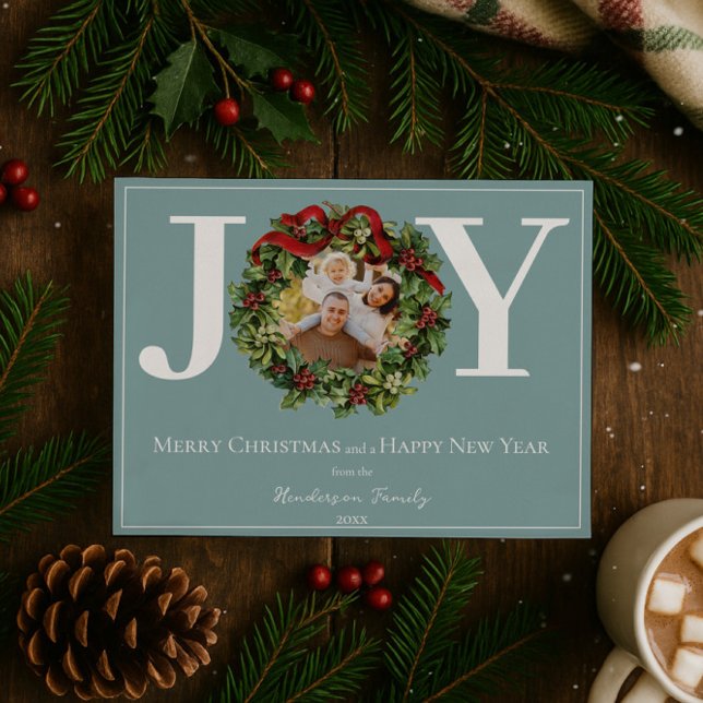 Teal Joy jul Utandning Foto Julkort (Teal Joy Christmas Wreath Photo Holiday Card)