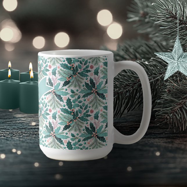 Teal jul Holly Berries Mönster#17 ID1009 Kaffemugg (Skapare uppladdad)