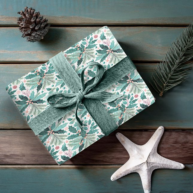 Teal jul Holly Berries Mönster#17 ID1009 Presentpapper (Skapare uppladdad)