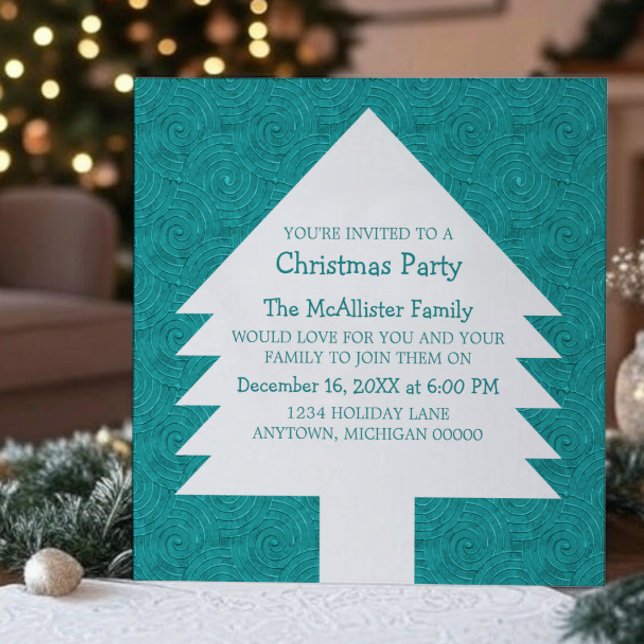 Teal Julgran Swirls Party Inbjudan (Teal Christmas Tree Swirls Party Invitation)