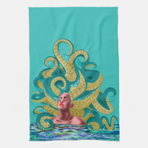 Teal Kitchen Towel med Octopus Woman Kökshandduk
