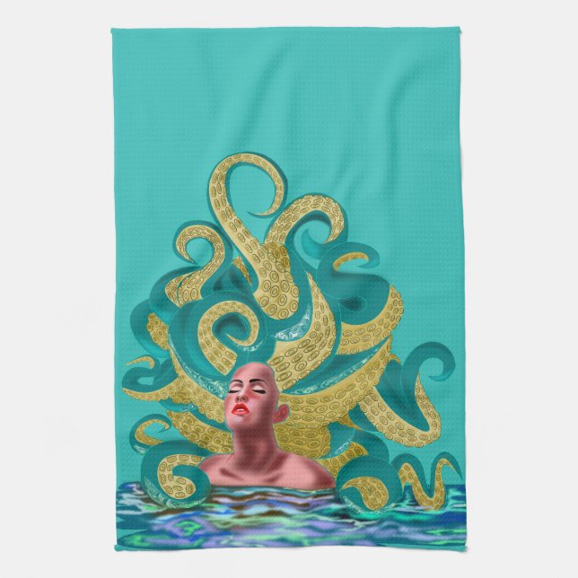 Teal Kitchen Towel med Octopus Woman Kökshandduk (Vertikal)