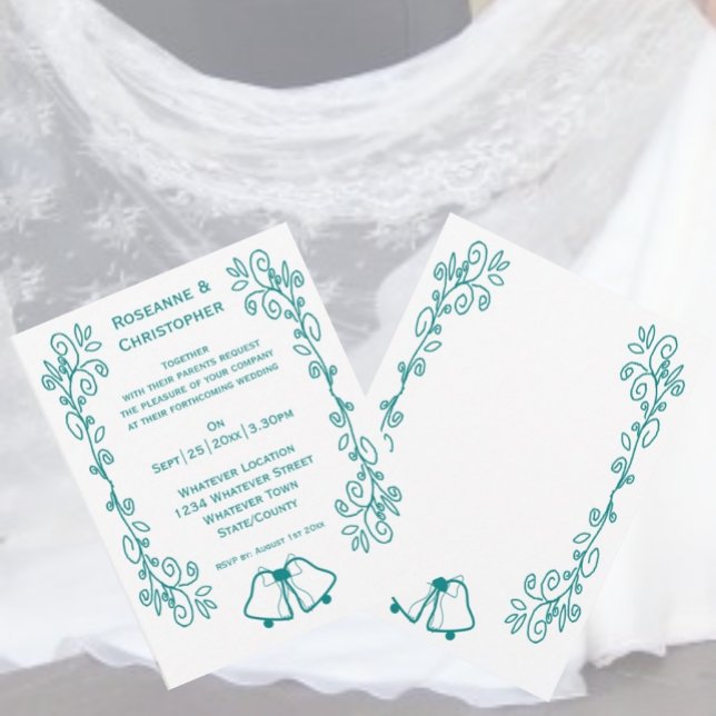 Teal Klockor Scrollwork Design Bröllop Inbjudningar (Teal bells scrollwork wedding invite)