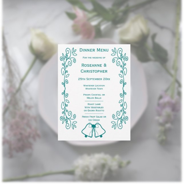 Teal Klockor Scrollwork Design Bröllop Meny (Teal wedding menu card nells and scrollwork design)