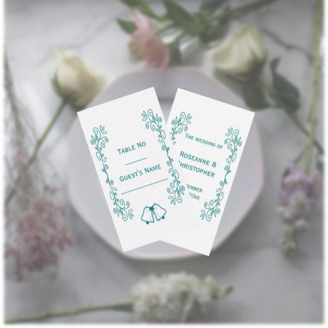 Teal Klockor Scrollwork Design Bröllop Placeringskort (Teal wedding place setting card bells and scrollwork design)