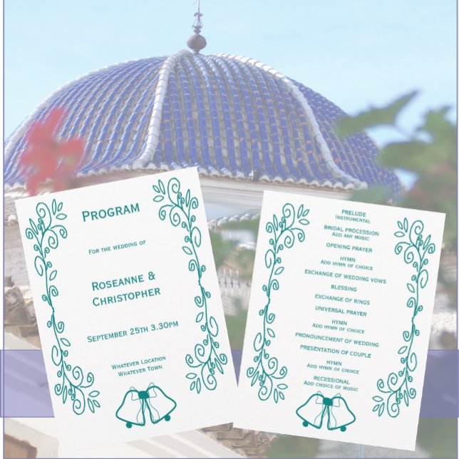 Teal Klockor Scrollwork Design Bröllop Program (Teal bells scrollwork wedding church program)