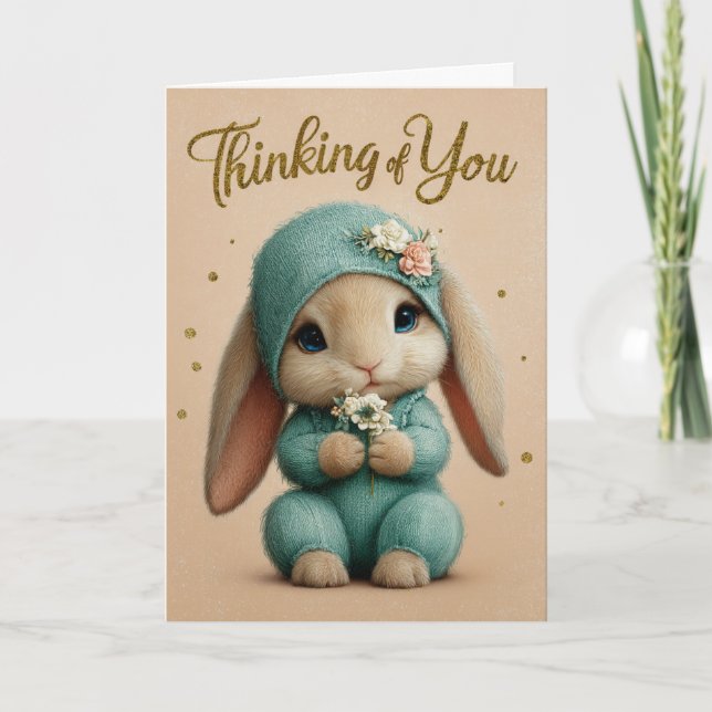 Teal Knit Baby Bunny Thinking of You Card Kort (Framsida)