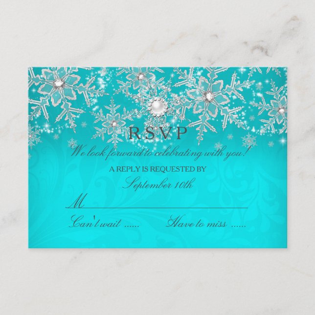 Teal Kristall Pärl Snöflinga Silver Vinter RSVP OSA Kort (Framsida)