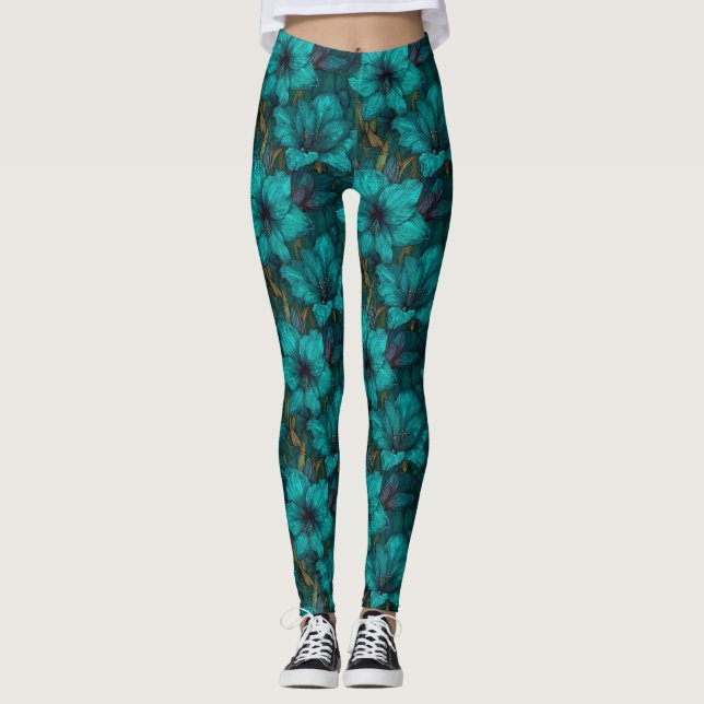 Teal Kvinnor Aktivt Slitstarkt Amaryllis Kronblad  Leggings (Framsida)