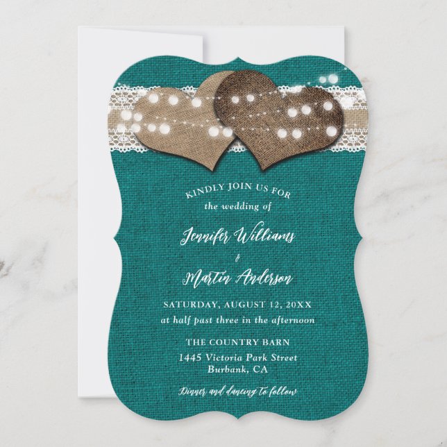 Teal Land Burlap Snöre String Ljus Bröllop Inbjudningar (Framsida)