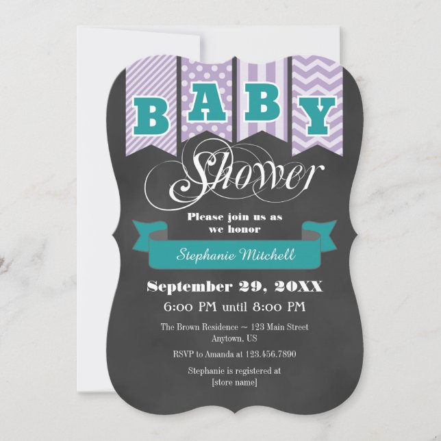 Teal Lavender Chalkboard Flagga Baby Shower Inbjud Inbjudningar (Framsida)