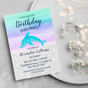 Teal Lavender White Glitter Dolphin Bassäng Birthd Inbjudan Vykort