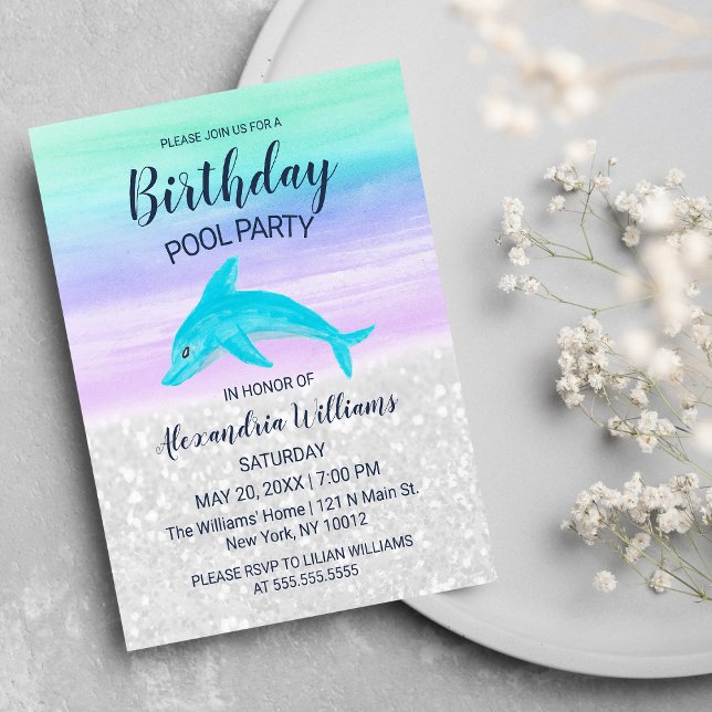 Teal Lavender White Glitter Dolphin Bassäng Birthd Inbjudan Vykort (Teal Lavender White Glitter Dolphin Pool Birthday )